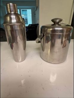 Bar Ice Bucket – Modern Stainless Steel w/ Handle and     Cocktail Shaker Set – Stainless Steel