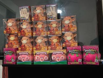 Mixed Lot of Squish and Stretch Toys Authentic Cow, Peach, and Dragon fruit