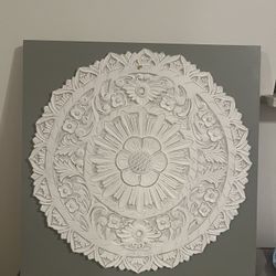 Wood Floral Handmade Intricately Carved Round Mandala Wall Decor with a distressed white finish
