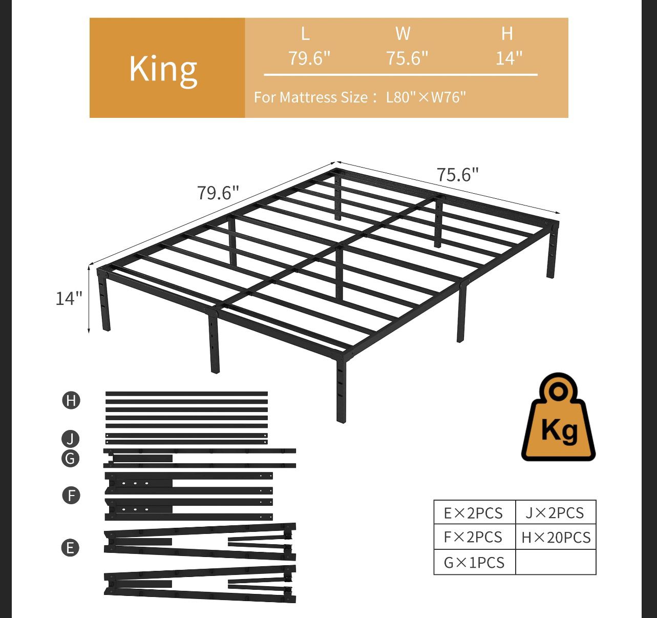 NEW JETO Metal Bed Frame-Simple and Atmospheric Metal Platform Bed Frame, Storage Space Under The Bed Heavy Duty Frame Bed, Durable King Size Bed Fram