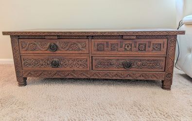 Antique Spanish Rustic Chestnut Carved Storage Chest/Coffee Table