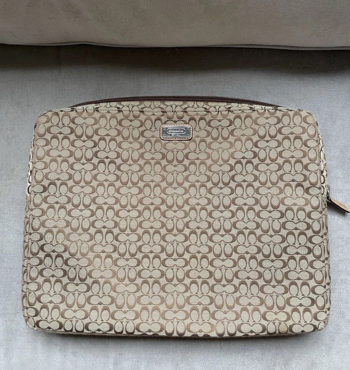 Coach Signature Jacquard Tan and Brown Computer Zip Sleeve Bag Clutch