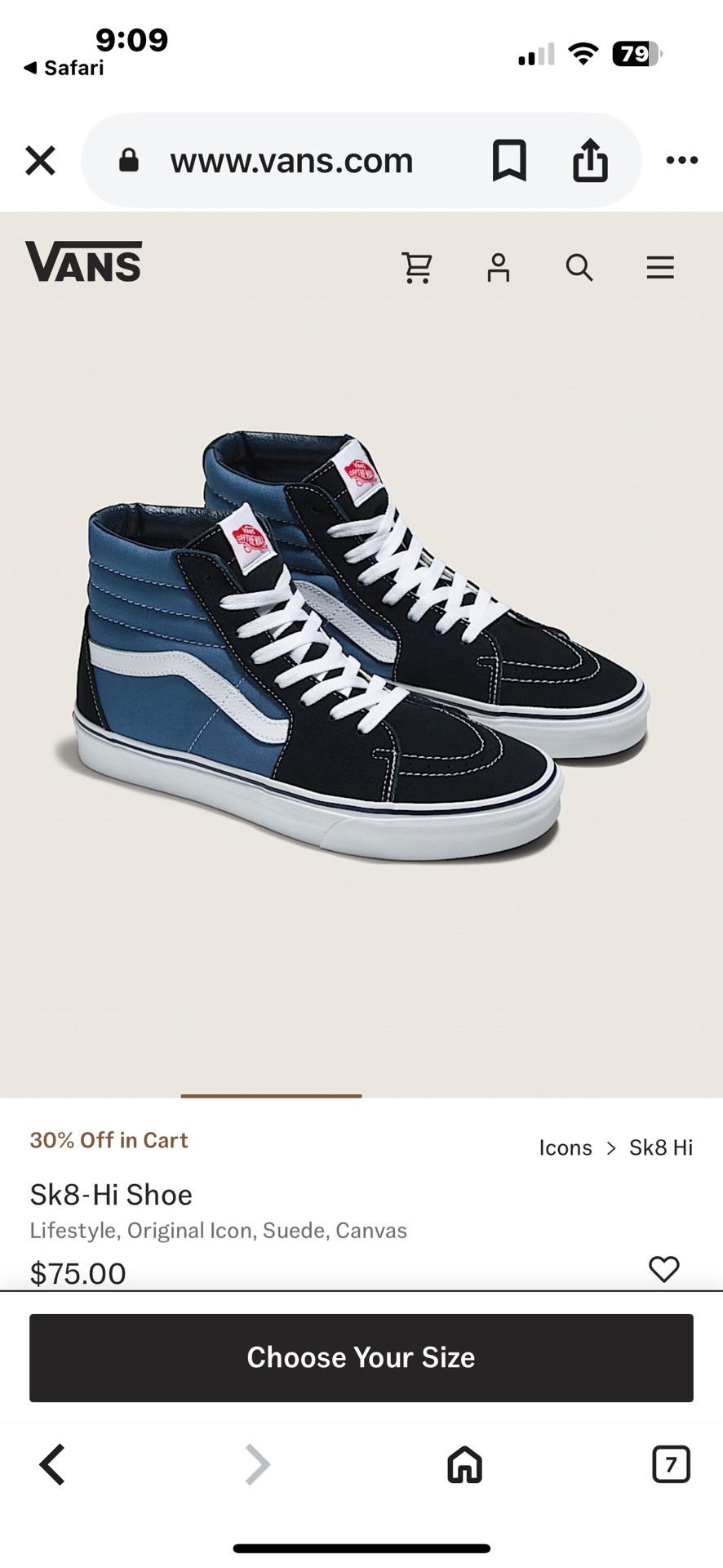 Vans Sk8-Hi Shoe Size 8