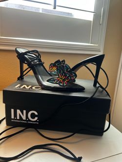 Black open toe wrap around heels with rainbow butterflies