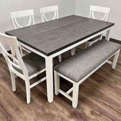 ✅️✅️(6 pc white & grey finish wood dining table set grey padded seat chairs and bench✅️✅️✅️