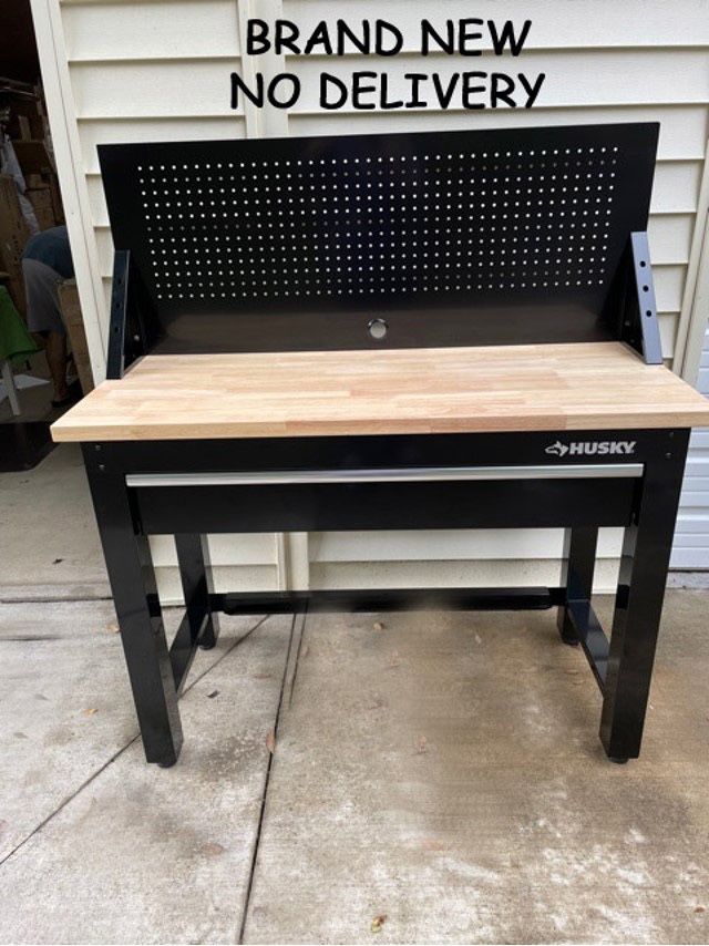 New, Husky, 4 ft. Solid Wood Top Workbench with Pegboard Storage  