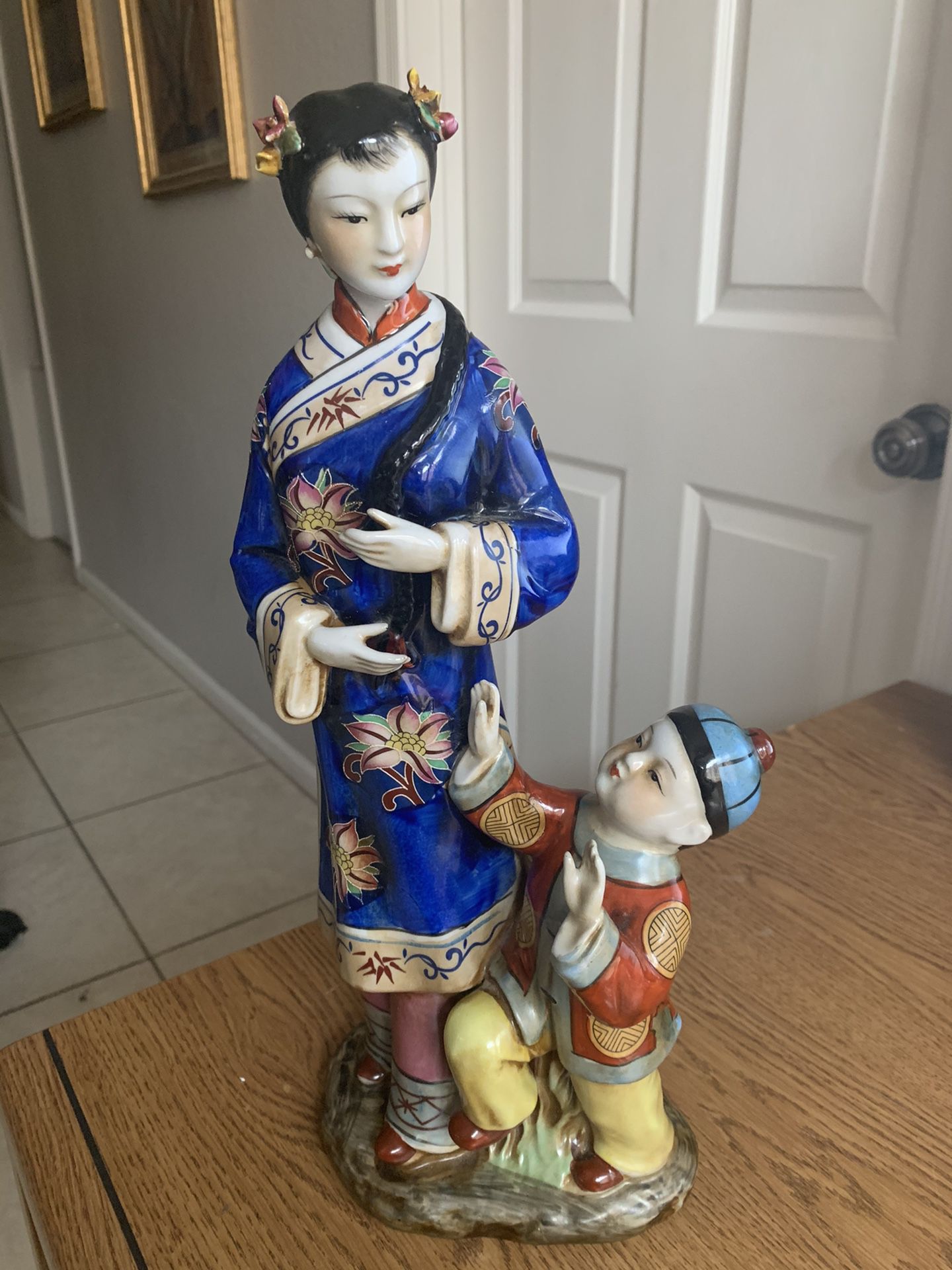 Vintage Lg Chinese 15.5" Chinese Lady Mother & Son Figurine Statue Hand Painted