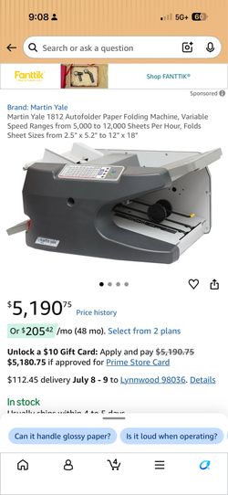 Martin Yale 1812 Autofolder Paper Folding Machine, Variable Speed Ranges from 5,000 to 12,000 Sheets Per Hour, Folds Sheet Sizes from 2.5" x 5.2" to 1