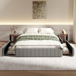 Full Size Velvet Upholstered Platform Bed Frame with 4 Storage Drawers, Vertical Channel Tufted, Low Profile, Fits Standard Headboards, Wooden Slats S