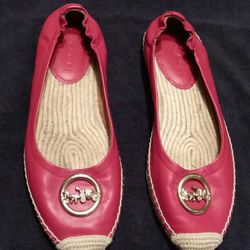 Coach Red Leather "Clara" Espadrille Flats With Gold Buckle Detail  Size 9
