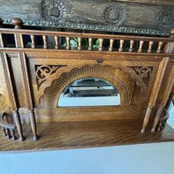 Antique Eastlake Oak Hutch Top Mirror - Quarter Sawn Wood, Ornate Detail