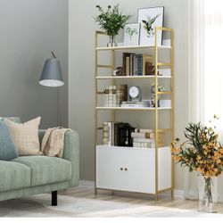 2-Cabinet White and Gold Bookshelf with Doors and Metal Frame (Dresser, decoration art stand, shelf)