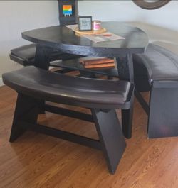 Black Round Dining Table with Benches Set