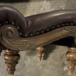 Dark Brown Leather Ottoman w Wood Details