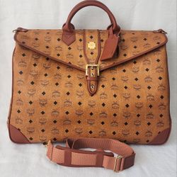 Auth MCM Visetos Cognac Travel Boston Bag 