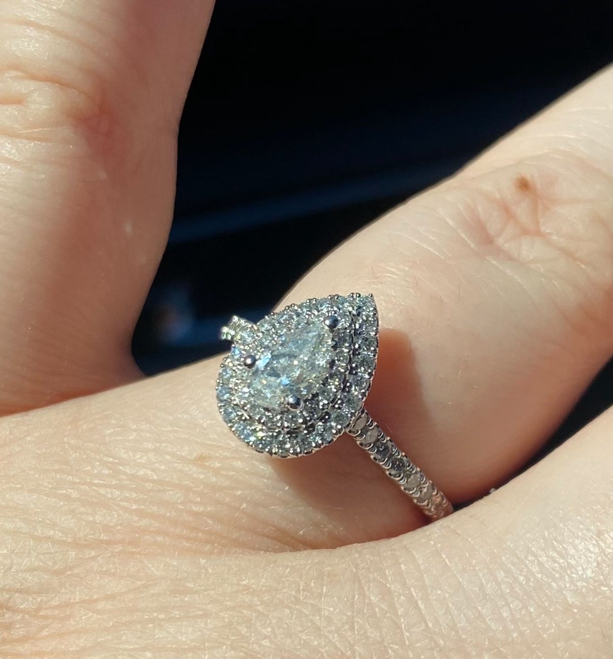 Price negotiable- Platinum Pear Halo Diamond Ring – 1.0ct T.W., F Color, GSI Certified