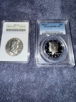 1963 -D  MS 63 Franklin half dollar and 1983 S PR69 DCAM