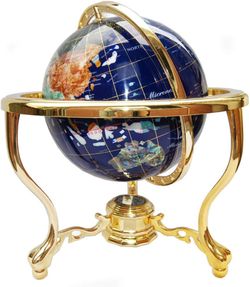 Blue Lapis Ocean Gemstone Globe w/ Gold Tripod Stand