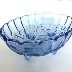 Blue Indiana Footed Glass Serving Bowl Pressed Fruit Design

