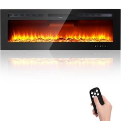 60" Recessed and Wall Mounted Electric Fireplace, Low Noise, Remote Control with Timer, Touch Screen, Adjustable Flame Color and Speed.