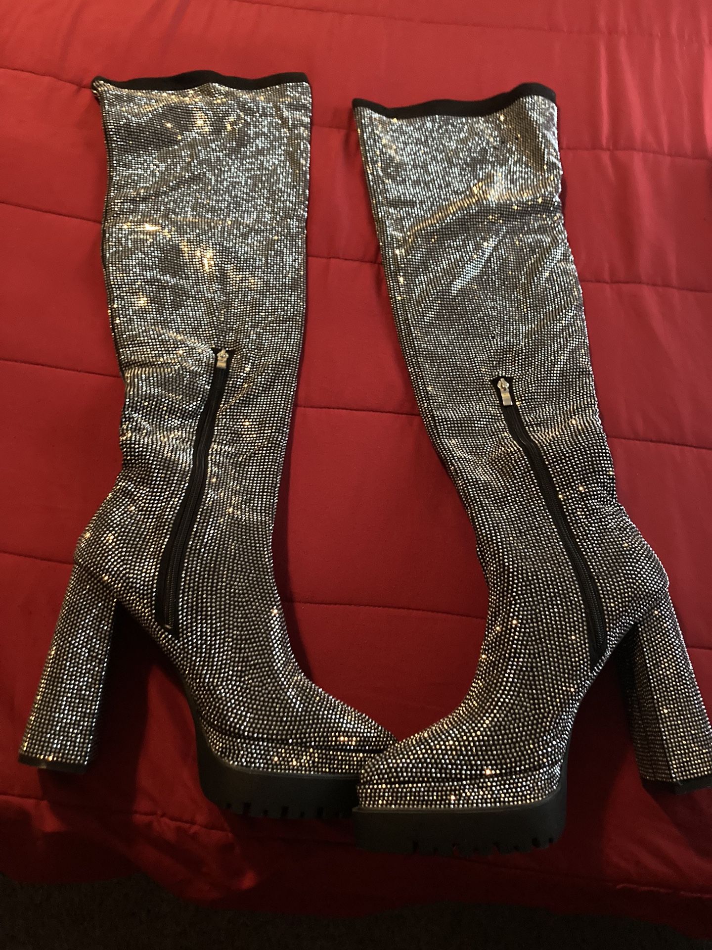 Silver Rhinestone Thigh Boots