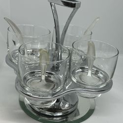 VTG  MCM Kromex  Condiment Caddy Set Of 4 Glass Cups, 4 Serving Spoons W Holder   Add a touch of vintage charm to your dining table with this set of 4