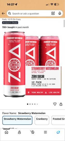 ZOA Energy Drink Strawberry Watermelon 12 Pack