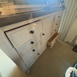 Queen, size bedframe, and dresser with mirror