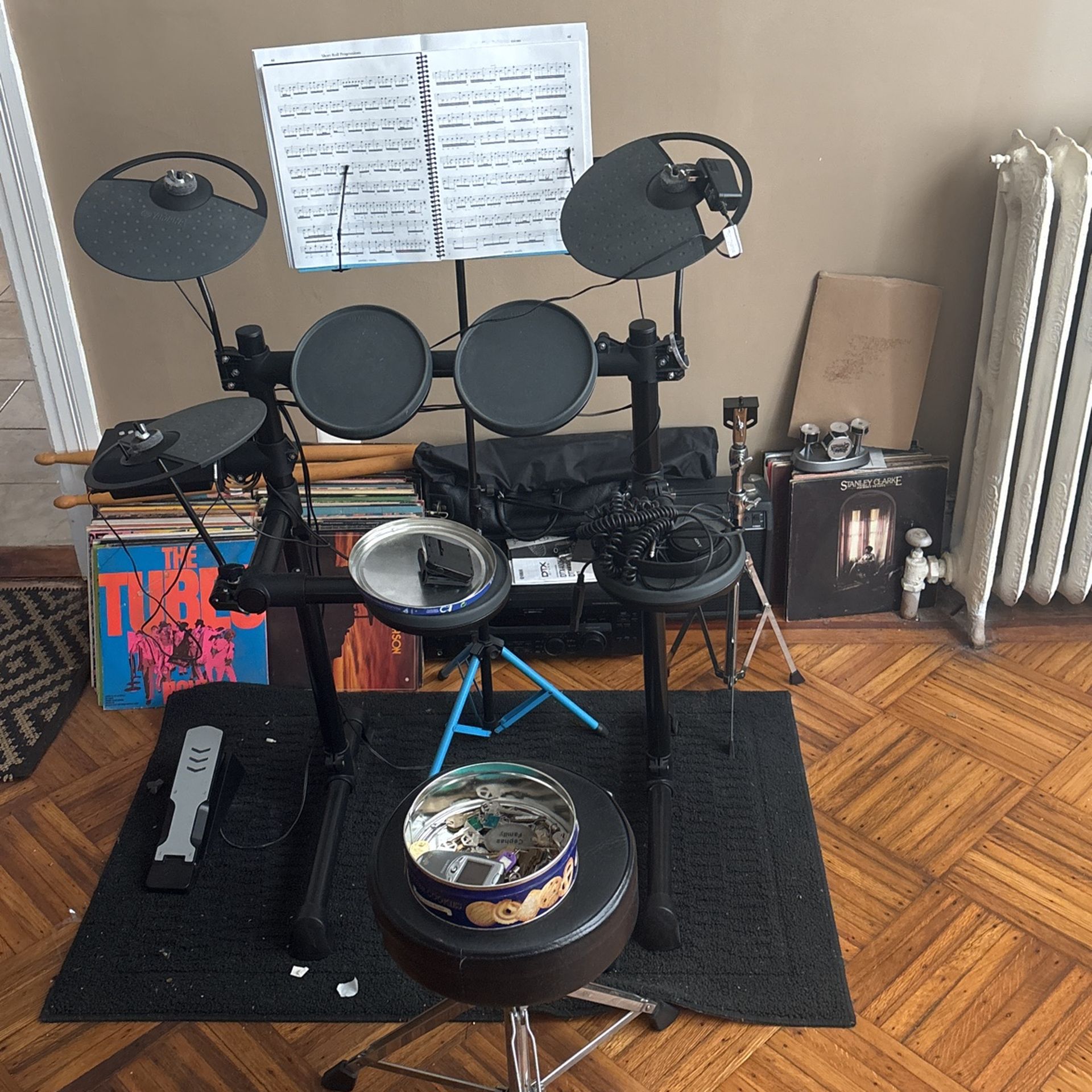 Drumset And Records And Speaker And Yamaha