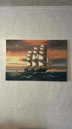 Ship And Sunset Painting