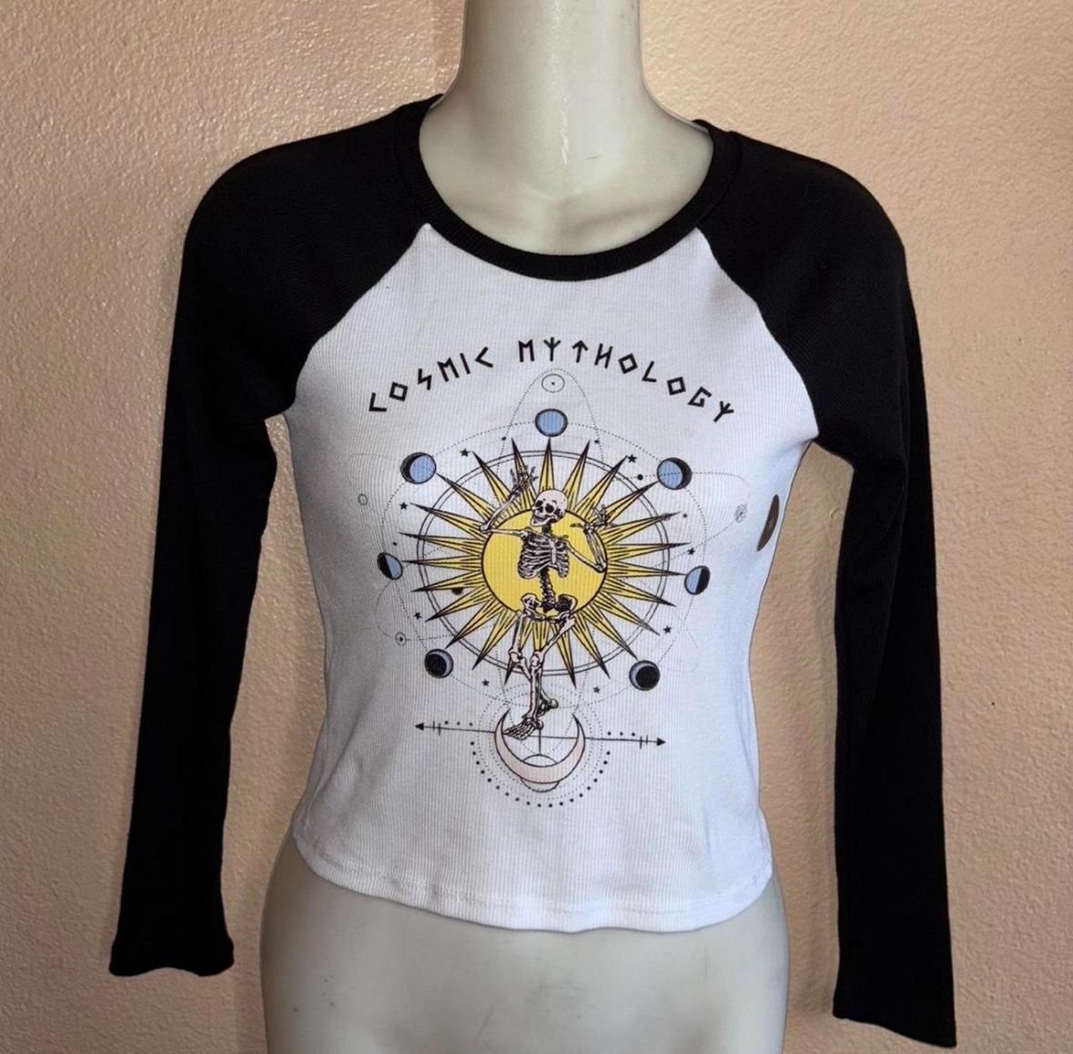 Small/Medium White and black Full Tilt skeleton long sleeve shirt cosmic Mythology