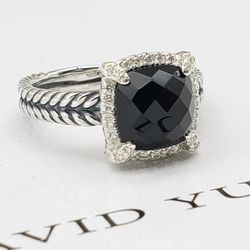 David Yurman Sterling Silver With Black Onyx & Diamonds Chatelaine Ring Sz 7.5