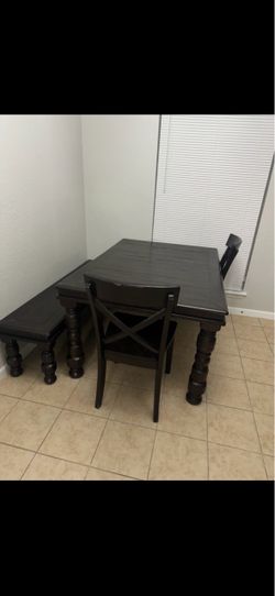 Dark Wood Dining Table with Chairs and Bench