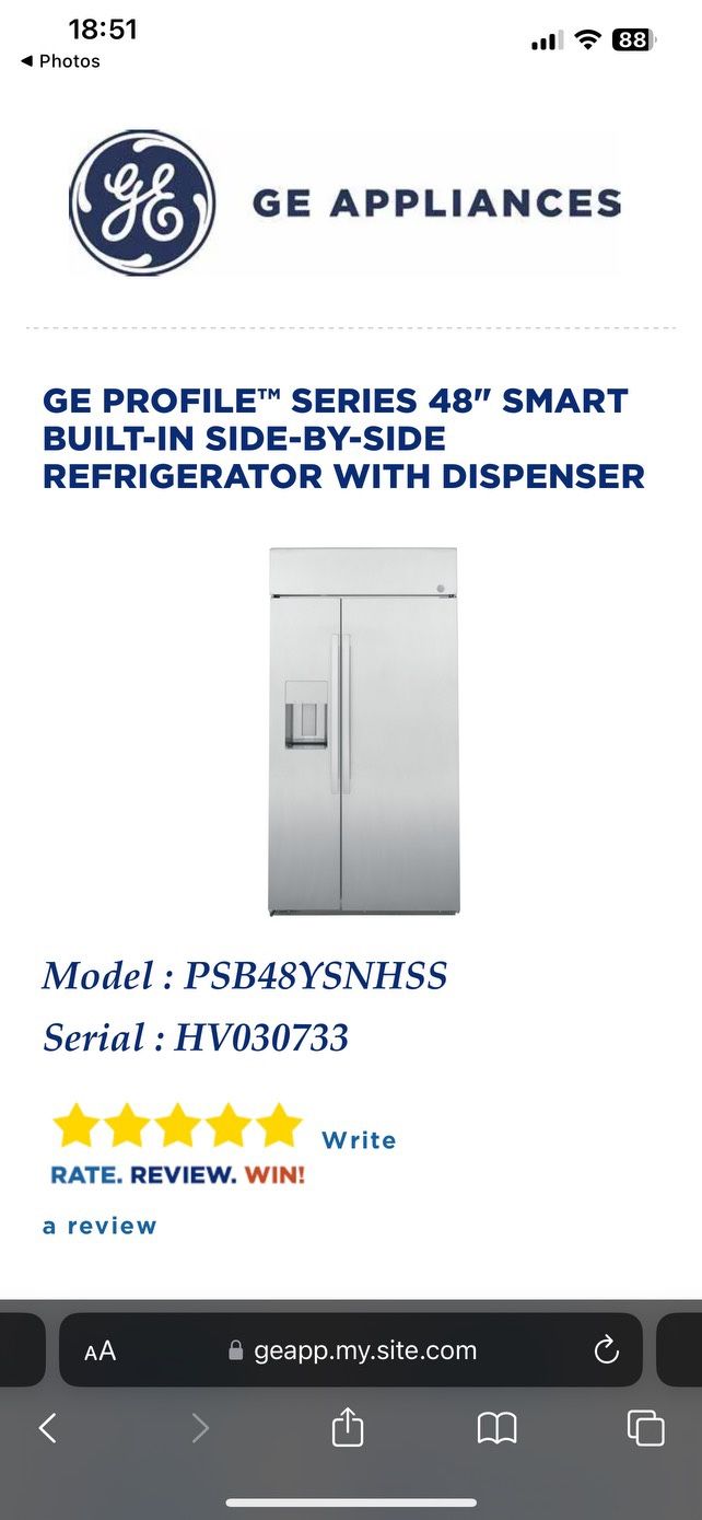 Brand New In Box GE PROFILE SERIES 48" SMART BUILTIN SIDEBYSIDE