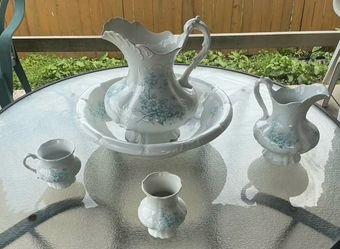 Antique 5-Piece Semi-Porcelain Wash Basin & Pitcher Set – Vintage Blue Floral Pattern