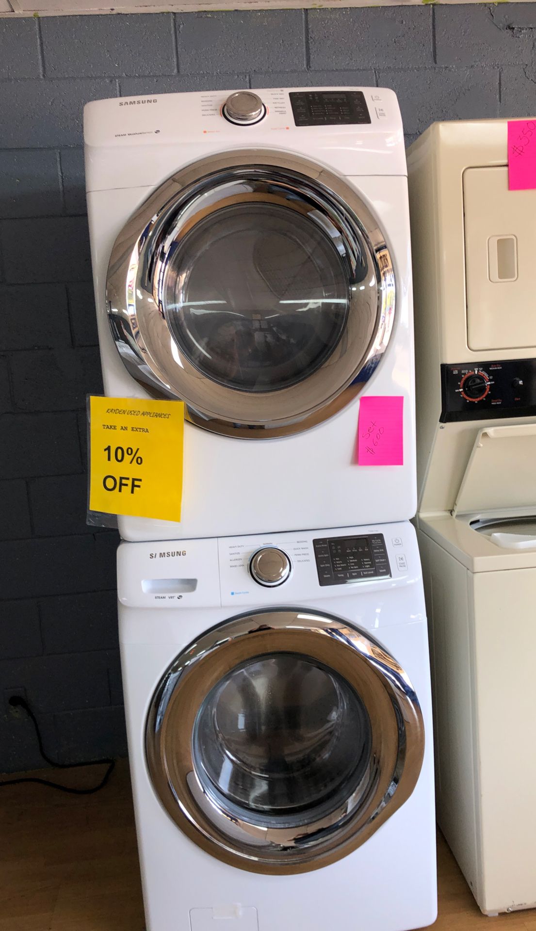 White Samsung front load washer and dryer set