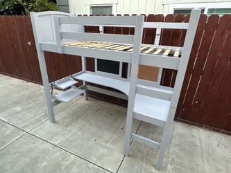Solid Wood Twin Loft Bed with Desk, Shelves, Cork Board & Peg Board – Freshly Painted