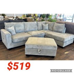 Corduroy Sectional Sofa With Ottoman  106"W X 76"D X 35"H