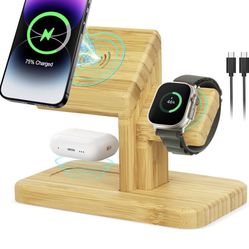 3 in 1 Wireless Charging Station for Apple Devices, CAIROCK Fast 20W Magnetic Bamboo Charger Stand Dock for iPhone 15/14/13/12 Pro/Max/Plus, for Apple