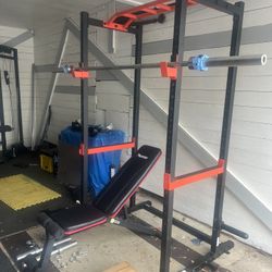 Power Squat Rack With Bench And Olympic Barbell