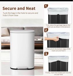 PayLessHere | 13G Trash Can with Lid | White | Removable Inner Bucket Made of Stainless Steel | Soft-Close Step Pedal | Hands-Free Use | Easy to Clean