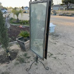 Decorative Glass Panel Wrought Iron Stand Mirror Double Sided