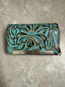 Patricia Nash Cauchy Tooled Turquoise Leather Framed Clutch Wallet RFID