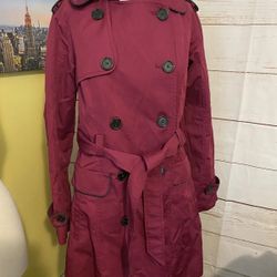 Jones New York Women’s Small Double Breasted Trench Coat Belted Maroon