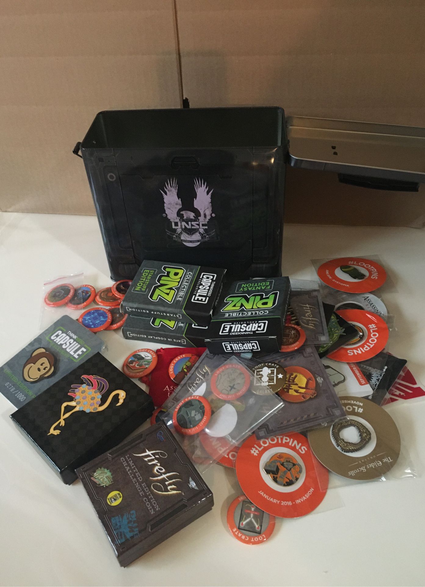 Read description!! Loot Crate and Think Geek pin/button/coin/sticker lot of 36 pieces - AMMO CAN IS SOLD