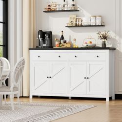 Farmhouse Kitchen Sideboard, 4-Doors 2-Drawers Wood Buffet Cabinet with Adjustable Shelves, White $180