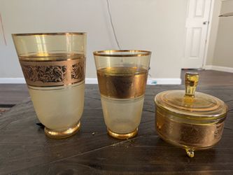 Vintage 1950s–60s Mid-Century Gold Encrusted Frosted Glass Vanity Set – 3 Piece