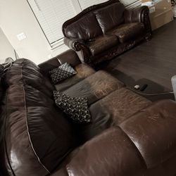 Wooden Leather Sofa Set – 3 Seater + 2 Seater | Pickup Only