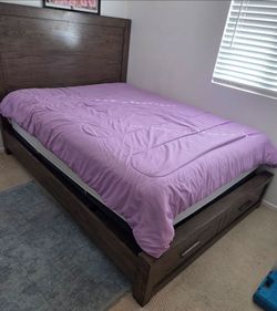 Dark Brown Wood Bed Frame with Storage Drawers