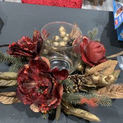 LARGE RED&GOLD PEONY CANDLE HOLDER 
